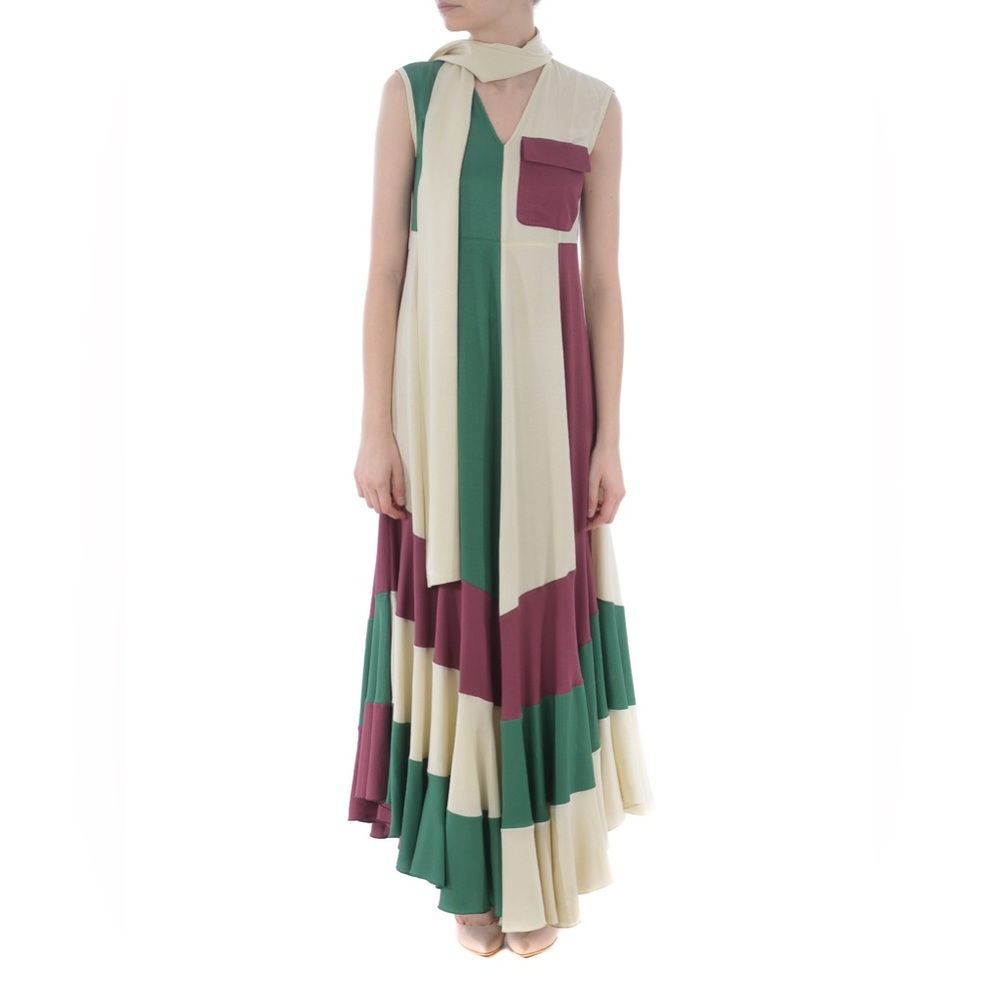 GOLDEN GOOSE Sleeveless Colorblock Maxi Dress in Cream, Green & Burgundy